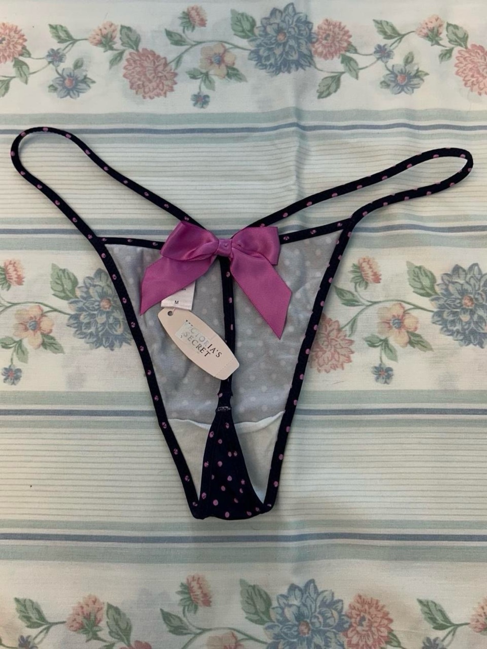 Vtg Navy and Purple Polkadot Thong Panties w Purple Bow by Victoria’s Secret